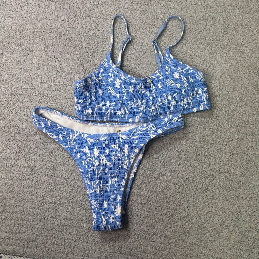 BoutineLA Bikini Set Smocked Floral Small Blue Coquette Coastal Beachy Y2K